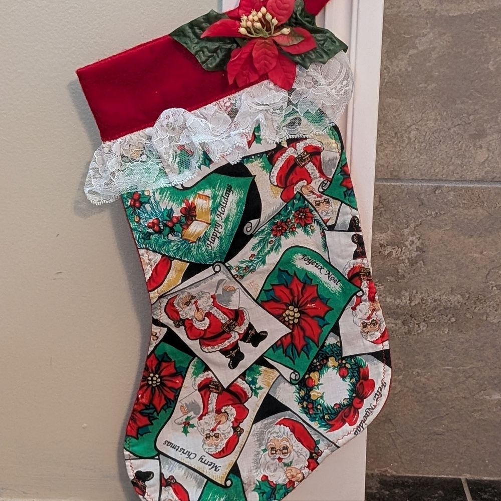 Vintage Handmade Christmas Stocking 15 in Vintage Santa Claus Fabric Stocking